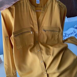 Calvin Klein Mustard Long-Sleeve Blouse with Gold Zips